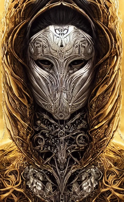 Prompt: Elden Ring themed painting of hybrid majestic aztec warrior princess fantasy biomechanical human beautiful immortal feminine angel symmetrical face angry mask closeup face breathing mask tattoo pattern golden ratio concept, deep forest psytrance Neo-Gothic concept, infinity glyph waves, intricate artwork masterpiece, very coherent artwork, cinematic, full frontal facial features by Artgerm, Takato Yamamoto, Zdizslaw Beksinski, Johnatan Wayshak, Moebius, Ayami Kojima, very coherent artwork, trending on cgsociety, ultra high quality model, production quality cinema model, high detail chromatic ink outline, octane render, unreal engine 8k, hyper realism, high detail, octane render, unreal engine, 8k, High contrast