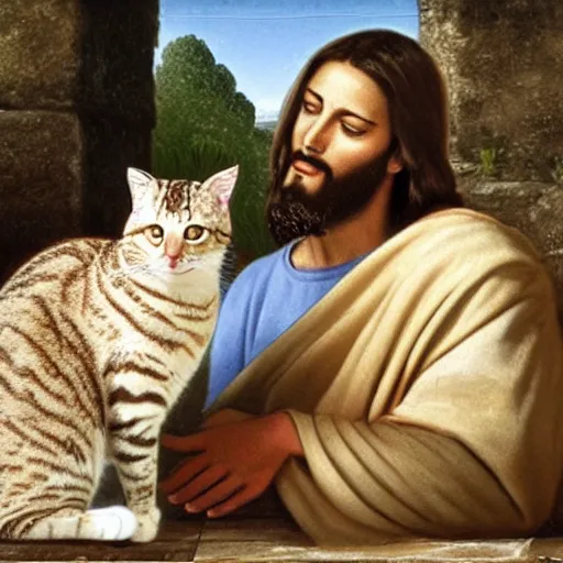 Prompt: Jesus petting a tabby cat, the is cat looking up to him and purrs