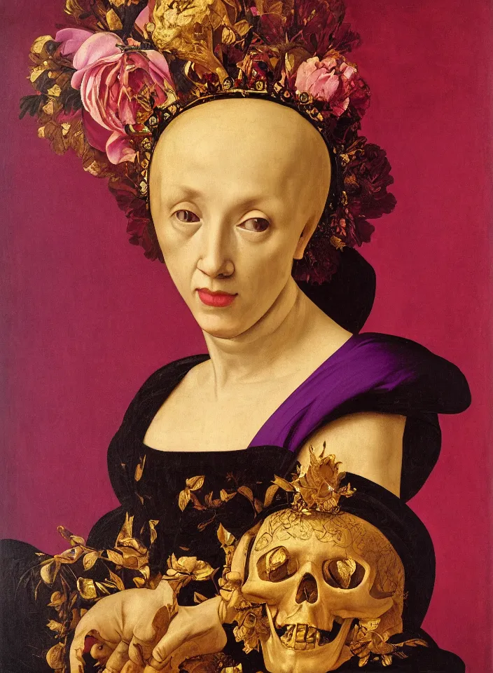 Image similar to portrait of a woman with a golden skull instead of a head with a big crown and in a dress of big purple peony petals, oil painting in a renaissance style , very detailed, red background, painted by Caravaggio.