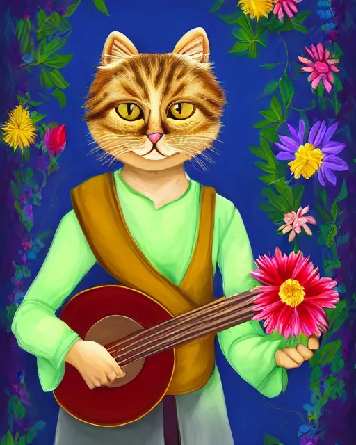 Prompt: head and shoulders portrait of a anthropomorphic cat playing a lute, bright, garden with flowers, digital art, dnd character, award winning