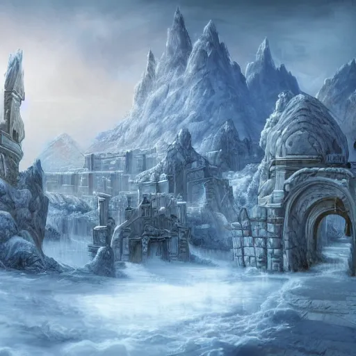 Prompt: fantasy concept art, marble city covered in snow, Greco style, mountains, labyrinth, high detail, 8k