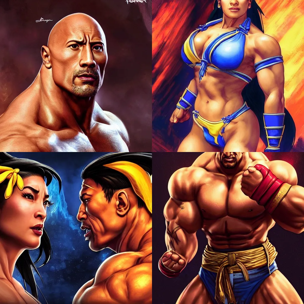 Prompt: face of dwayne johnson on chun li in street fighter, dwayne johnson wearing chun li's bikini, without chun li's face, intricate, epic lighting, cinematic composition, hyper realistic, 8k resolution, unreal engine 5, by Artgerm, tooth wu, dan mumford, beeple, wlop, rossdraws, James Jean, Andrei Riabovitchev, Marc Simonetti, yoshitaka Amano, Artstation