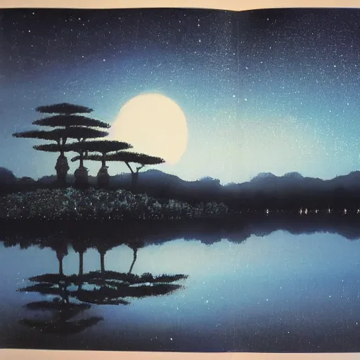 Image similar to a moonlit lake. by yoshitaka amano.