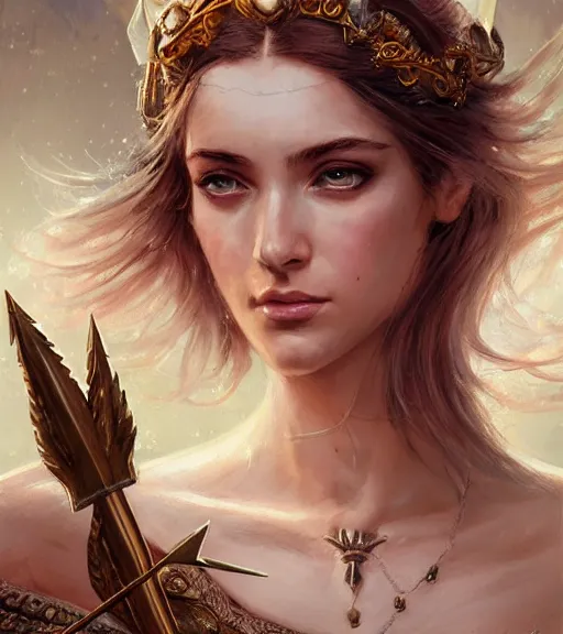 Prompt: aphrodite goddess wearing an arrow on her head, high resolution, uhd, digital illustration, in the style of greg rutkowski, fantasy, amazing detail, epic, intricate, elegant, hyper realistic, hyperdetailed, style of laura sava, smooth, sharp focus