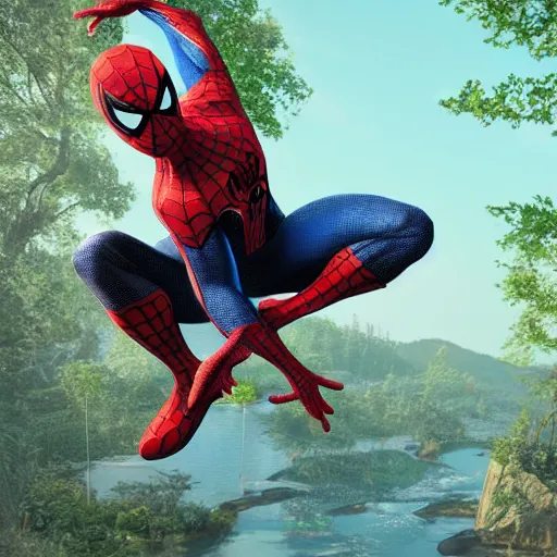 Image similar to spiderman captured in a web, ultra realistic, intricate details, highly detailed, photorealistic, 8 k, vegetation, water, moonlight
