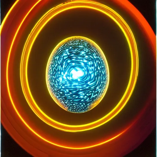 Prompt: annie liebowitz portrait of a plasma energy tron dinosaur egg constructed of glowing electric spirals and patterns. cinestill