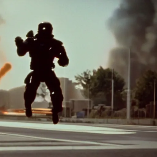 Image similar to film still from the 'Future Force' (1995). Exciting futuristic action scene with explosions and a motorcycle jumping a bridge. Sigma 85mm f/2.4