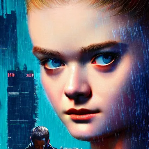 Image similar to ultra realistic head and shoulders masterpiece of elle fanning in blade runner 2 0 4 9, art by frank frazetta, 4 k, ultra realistic, highly detailed, epic lighting