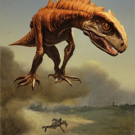 Image similar to jules vern riding a velociraptor