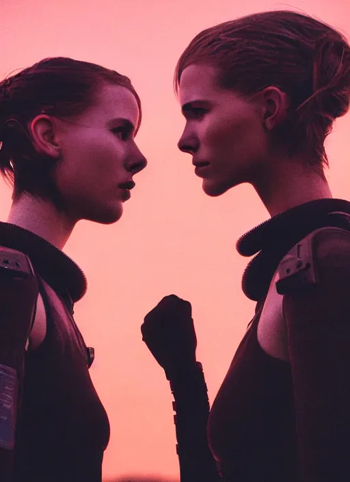 Image similar to cinestill 5 0 d photographic portrait of two loving female androids wearing rugged black mesh techwear on a desolate plain with a red sky, extreme closeup, modern cyberpunk, dust storm, 8 k, hd, high resolution, 3 5 mm, f / 3 2, ultra realistic faces, ex machina, blade runner