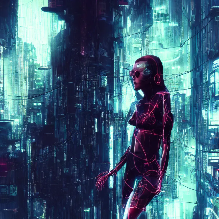 Prompt: abstract cyberpunk woman with spider legs, cinematic lighting, photorealistic image, 8k, ultra detailed, high resolution,