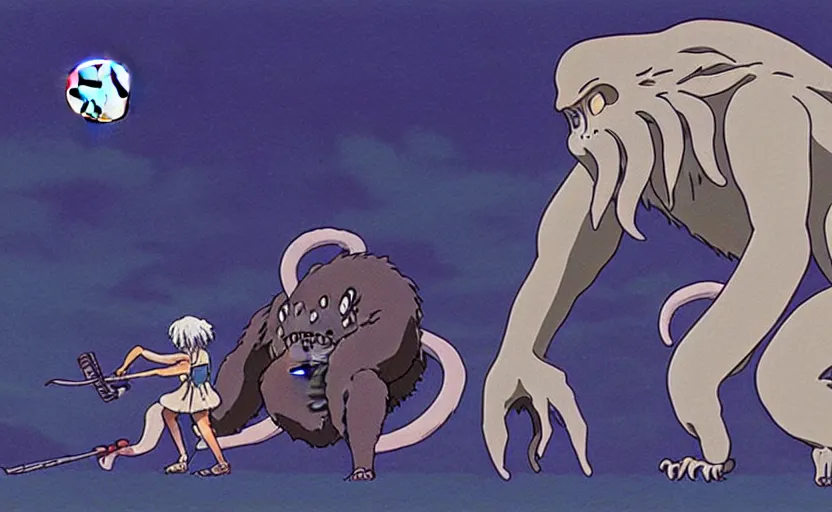 Prompt: a still from a studio ghibli movie of a cartoon cthulhu slicing open king kong from princess mononoke ( 1 9 9 7 ), in front of a pale full moon, full body, wide shot, very dull muted colors, studio ghibli, highly detailed, deviantart, art by artgem