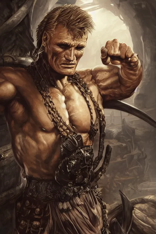 Image similar to ultra realistic illustration, hulking herculean dolph lundgren as a rogue pirate thief from baldurs gate and diablo, intricate from baldurs gate, elegant, highly detailed, digital painting, artstation, concept art, smooth, sharp focus, illustration, art by artgerm and greg rutkowski and alphonse mucha