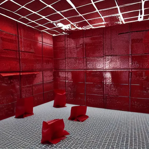 Image similar to a 3d render of a kitchen covered in translucent red paper bags, in style of hr giger, artstation, unreal engine