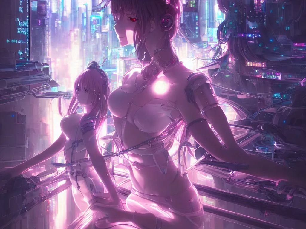 Image similar to anime visual of portrait futuristic cyber warrior girl, in future cyberpunk tokyo rooftop, ssci - fi, fantasy, intricate, very very beautiful, elegant, neon light, highly detailed, digital painting, artstation, concept art, smooth, sharp focus, illustration, art by huaixuan xiang and alphonse mucha and wlop and tian zi