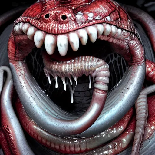 Image similar to realistic, humanoid venom alien, long slimy textured tongue, dripping saliva, mouth with a mouth with a mouth, alien eyes, fangs, thin red glowing veins, grey snake scale skin, cinematic, in a sewer, flashlight lighting, insanely detailed