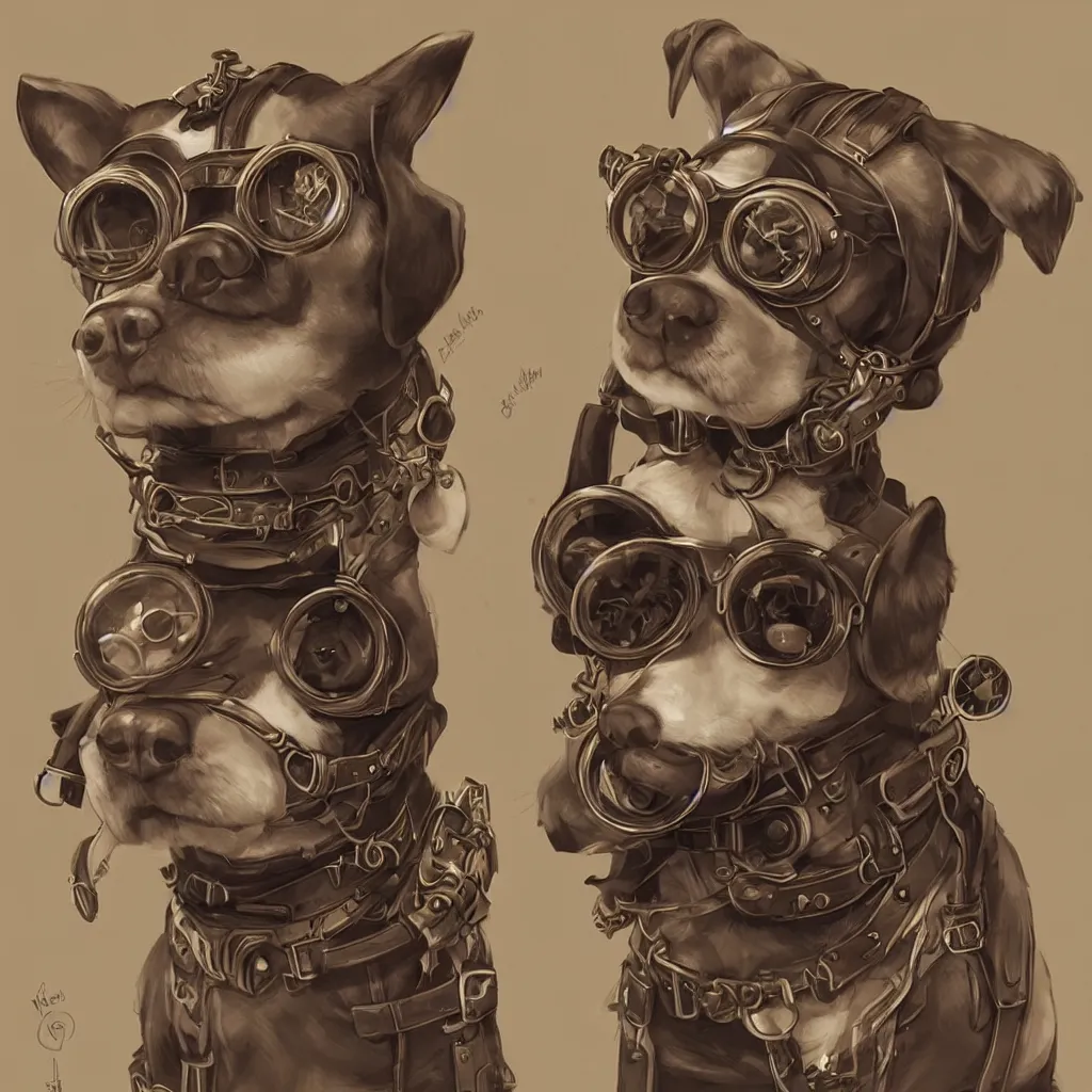 Image similar to a dog with steampunk googles, by ROSS tran