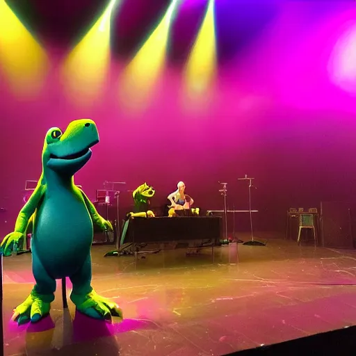 Image similar to Barney the Dinosaur from Barney and friends tv show leads a modern worship service, backlit, dramatic stage lighting, fog