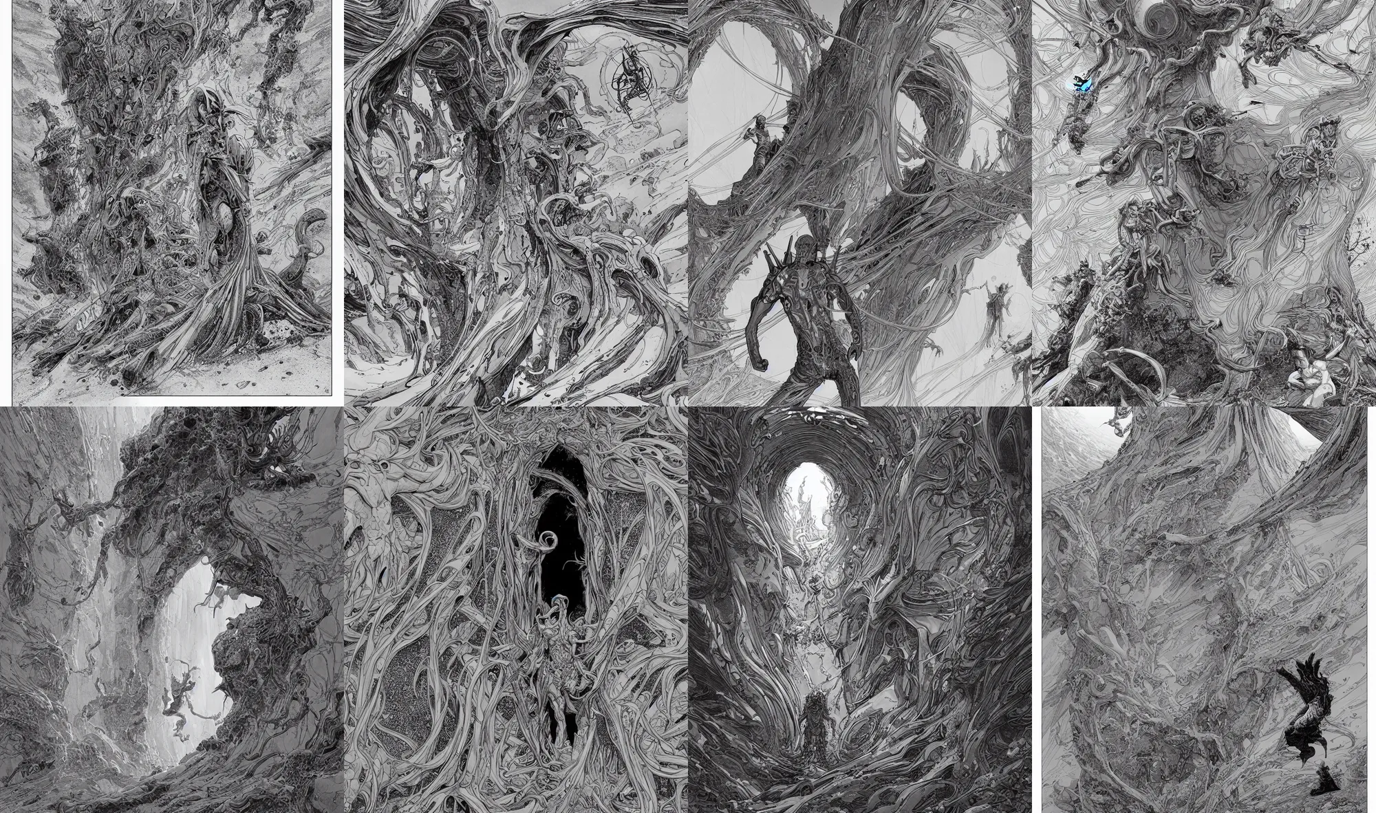 Prompt: a portal, art by James Jean and Wayne Barlowe and moebius, black and white ink, high details , cinematic, cgsociety 8k