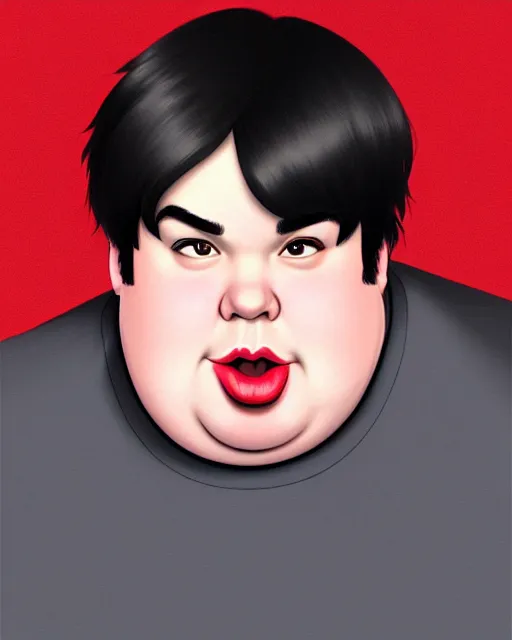 Image similar to a comic potrait of fat obese dan schneider from drake and josh with black and red parts, fine - face, realistic shaded perfect face, fine details. night setting. very anime style. realistic shaded lighting poster by ilya kuvshinov katsuhiro, unreal engine, global illumination, radiant light, detailed and intricate environment