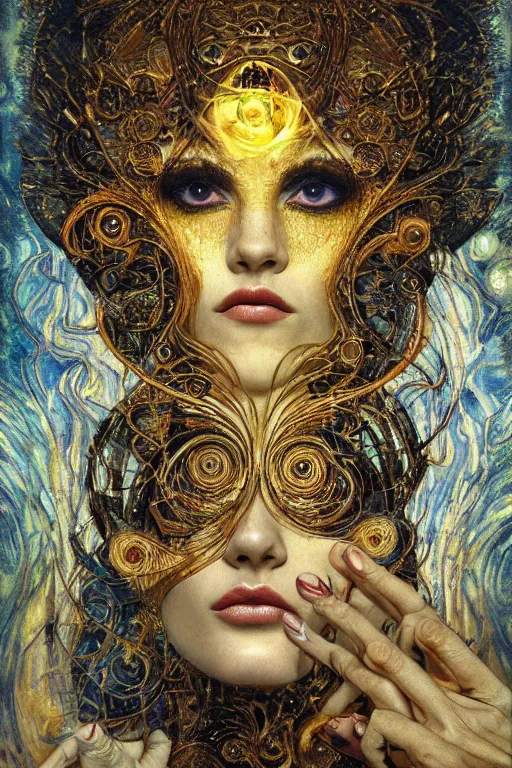 Image similar to Intermittent Chance of Chaos Muse by Karol Bak, Jean Deville, Gustav Klimt, and Vincent Van Gogh, beautiful surreal portrait, enigma, destiny, fate, inspiration, muse, otherworldly, fractal structures, arcane, ornate gilded medieval icon, third eye, spirals