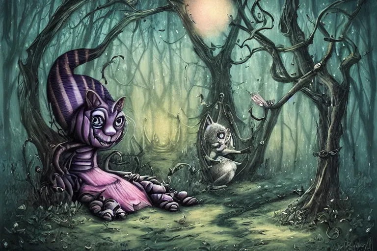 Image similar to Alice meets the Cheshire Cat in the forest, biomechanoid, sci-fi, dramatic, art style Megan Duncanson and Benjamin Lacombe, super details, dark dull colors, ornate background, mysterious, eerie, sinister