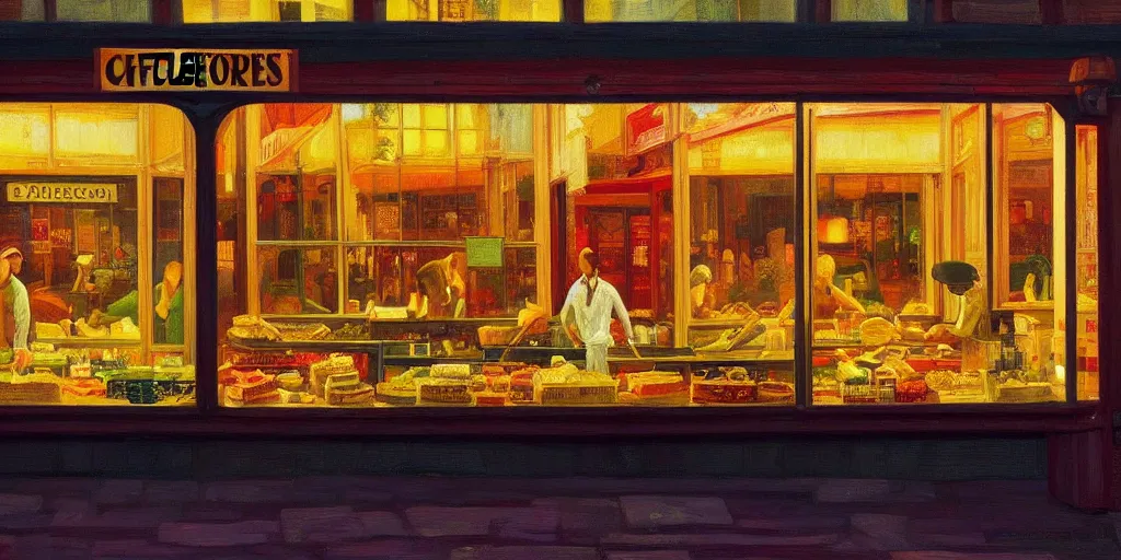 Image similar to a cheese shop window, by dan mumford and peter doig and edward hopper, highly detailed, dramatic lighting, 8 k