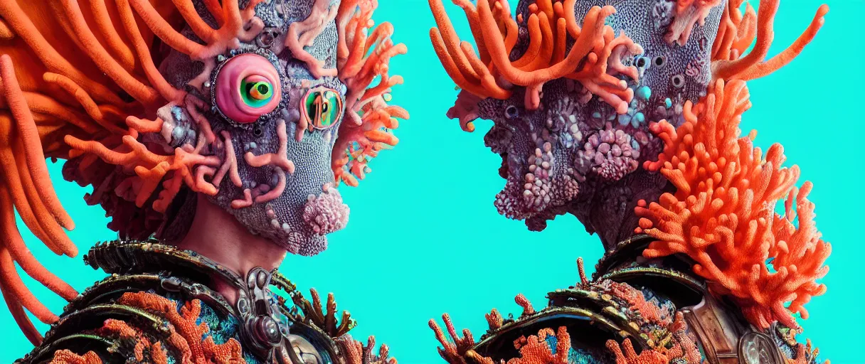 Image similar to hyperrealist highly detailed english medieval portrait of high fashion monster wearing reef armor, radiating atomic neon corals, concept art pascal blanche dramatic studio lighting 8k wide angle shallow depth of field