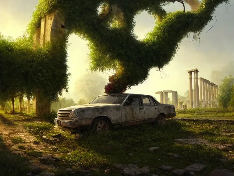 Image similar to a tree growing on a scrap car in ancient greek ruins, many overgrown scrap cars, overgrown pillars and arches, vines, flowers, hyperrealistic, highly detailed, cinematic, ray of golden sunlight, beautiful, cgsociety, artstation, 8 k, oil painting by greg rutkowski, by artgerm, by wlop