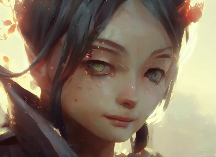 Image similar to closeup of anime girl, smiling, intricate, sharp focus, lens flare, bloom, illustration, highly detailed, digital painting, concept art, matte, art by ruan jia and wlop and greg rutkowski