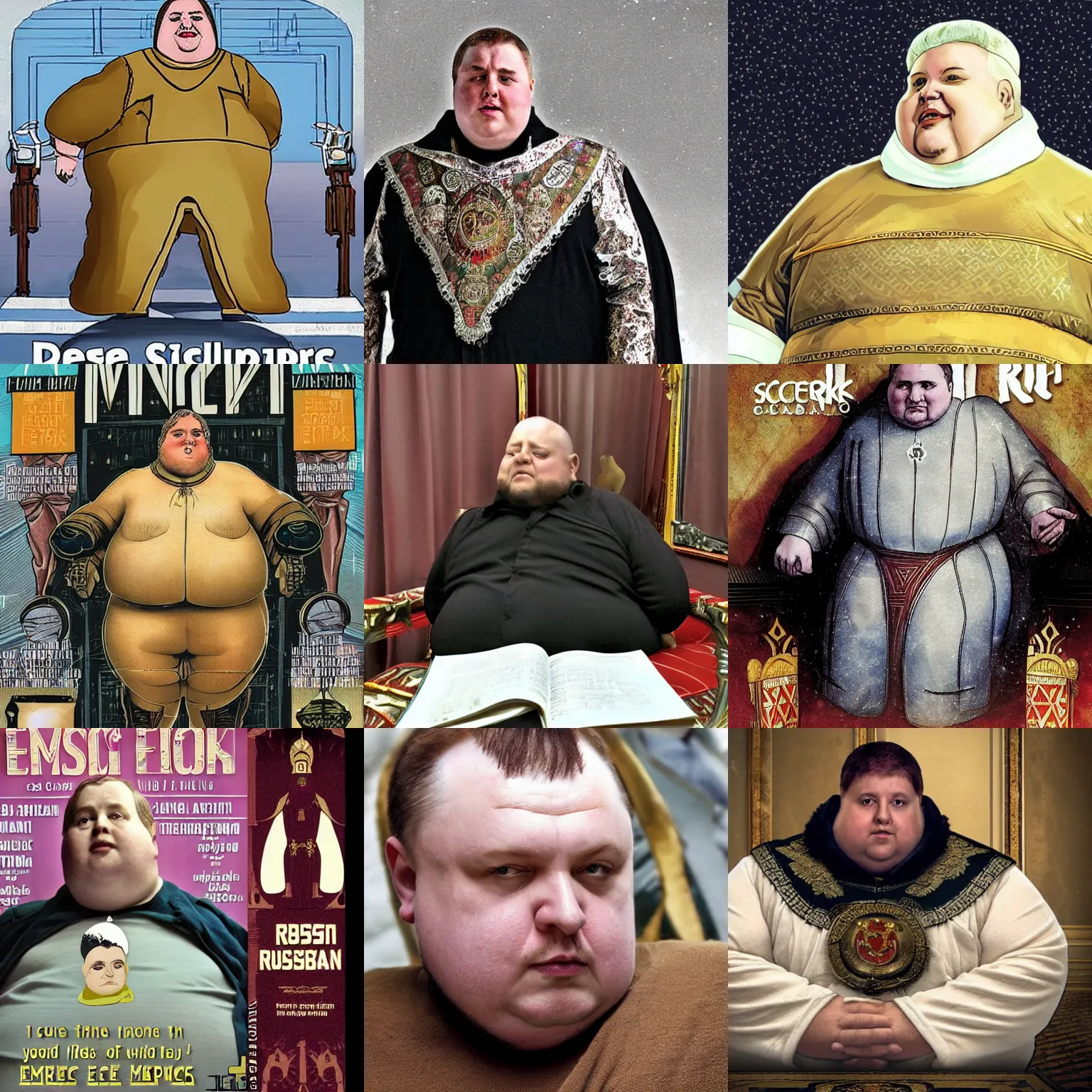 Prompt: obese russian sci - fi writer pretending himself as an emperor