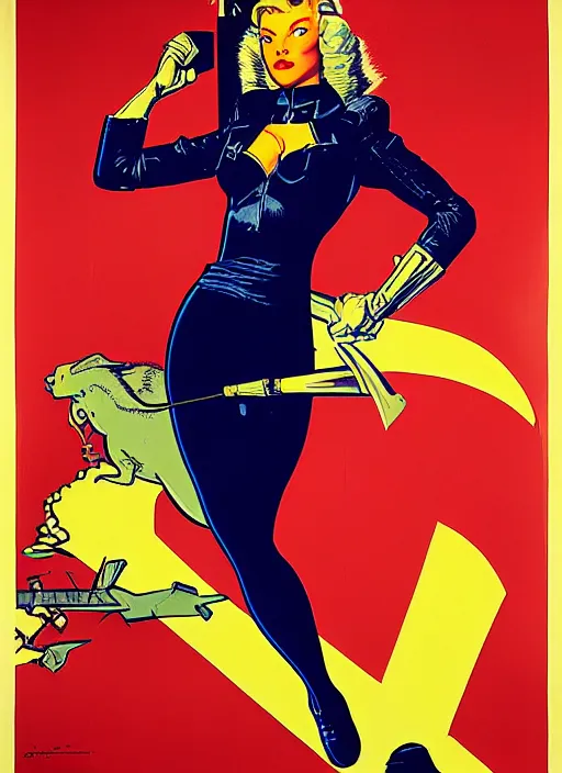 Image similar to american propaganda poster. cyberpunk hitwoman. portrait by jean giraud and anton otto fischer and john philip falter and will eisner and gil elvgren