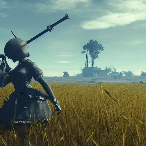 Prompt: a high resolution very detailed image of russian tank boss fight from nier : automata in yellow rye field under pure blue skies