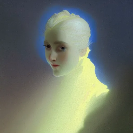 Image similar to a young woman's face, her hair is white and she wears an indigo blue satin cloak, by ivan aivazovsky and syd mead and moebius and gaston bussiere and roger dean and pieter claesz and paul delaroche and alma tadema and aelbert cuyp and jan heem, hyperrealistic, volumetric light, octane render