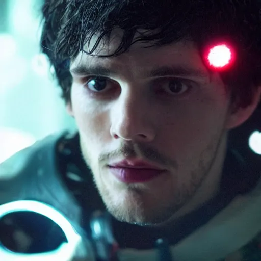 Image similar to Colin Morgan as Cyberpunk Merlin