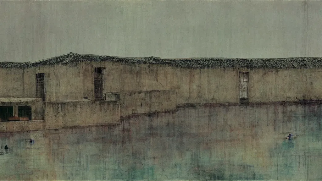 Image similar to a chinese prison near a river by peter doig, muted colors