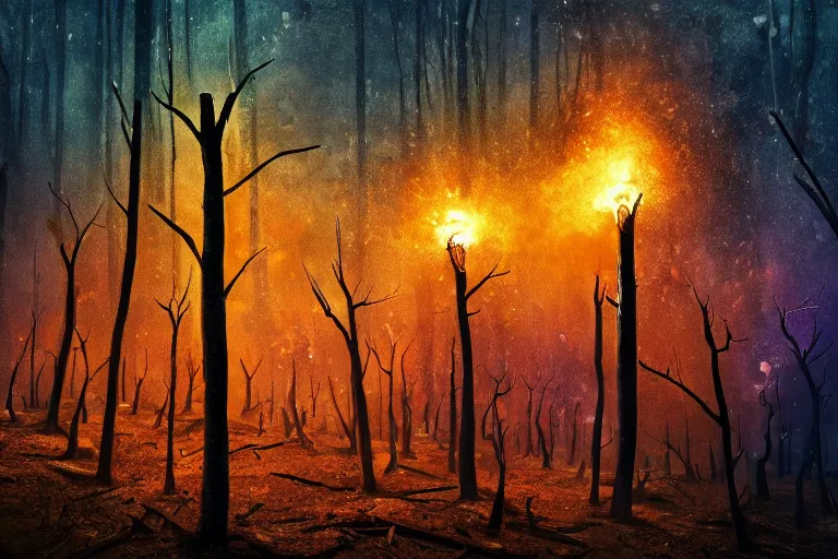 Prompt: the dead trees waited to be ignited by the smallest spark and seek their revenge. photo - realistic hd, hyperrealism, colourful, highly detailed, cinematic, luminescence, 3 2 k, dop, high contrast, intricate, mystery, epic, fantasy