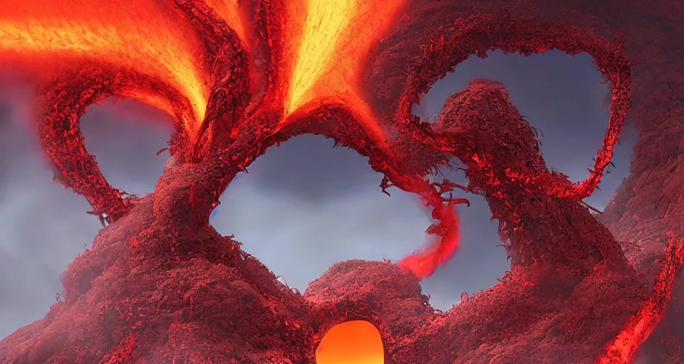 Image similar to a volcano made of ivory vines and crimson rocks enters in eruption, it spits a smoke in the shape of demonic eye, by Pixar Concept Artists
