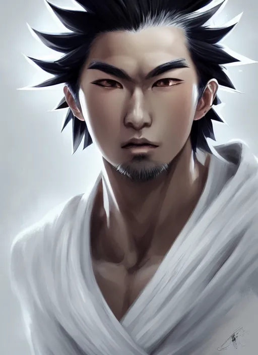 Image similar to a highly detailed illustration of fierce white haired attractive young japanese man wearing white hakama, black eyes, dramatic serious pose, muscular, intricate, elegant, highly detailed, centered, digital painting, artstation, concept art, smooth, sharp focus, league of legends concept art, wlop