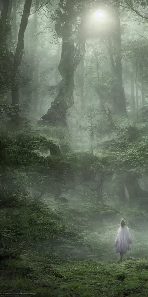 Image similar to a very small transluscent light purple ghost, surrounded by a green forrest, moody , lovecraft, giger, ridley scott, zack snyder, Fenghua Zhong, realistic cinematic lighting, establishing action shot, ultra detailed, hyper realism, photo, octane render