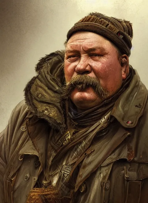 Prompt: a russian railroad electrician!!!, siberia!!, portrait, intricate, dirty, fat, ugly, highly detailed, digital painting, artstation, concept art, wallpaper, smooth, sharp focus, illustration, art by artgerm and greg rutkowski and alphonse mucha