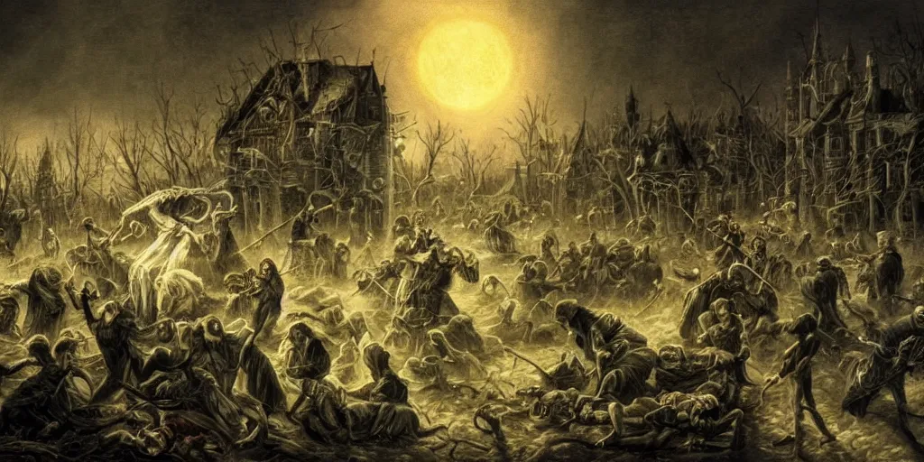 Image similar to the plague is coming to town, dark, mystic, night, anger, desperation