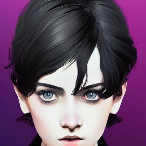 Image similar to girl in tuxedo with black chaotic wavy short haircut, elegant, 2d, ultra highly detailed, digital painting, smooth, sharp focus, artstation, art by Ilya Kuvshinov