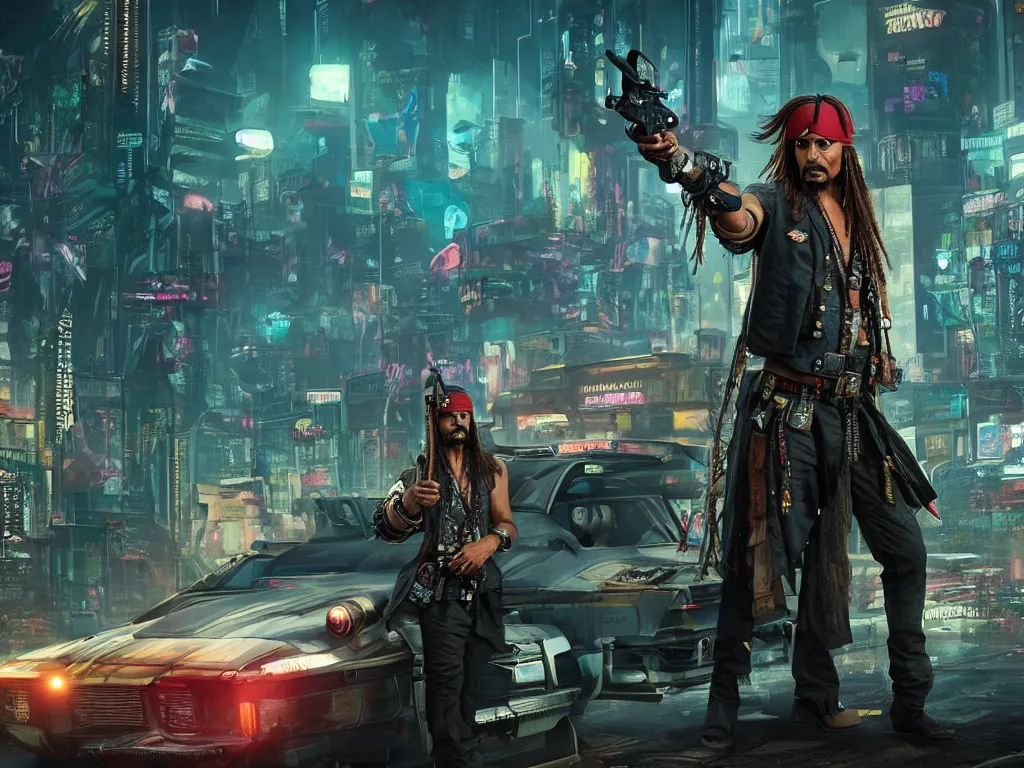 Image similar to jack sparrow in the game of cyberpunk 2 0 7 7, portrait, focus, 3 d illustration, sharp, intricate, poster, jack sparrow standing in front of the futuristic car, night city dystopian cyberpunk city in the background, holding a gun, photo, detailed photo, scene from blade runner