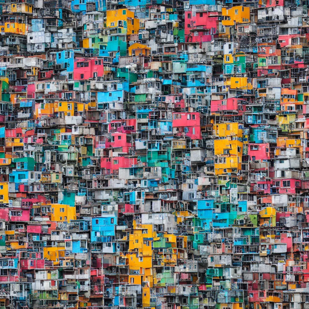 Prompt: a vertical building made up of various colourful makeshift squatter shacks, sony a 7 r 3, f 1 1, fully frontal view, photographed by jeanette hagglund, ultra detailed,