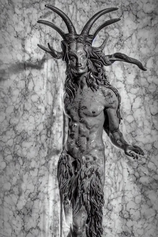 Image similar to a cinematic view of a ornated holy sacred faun statue made by black carrara marble using a old red silk veil and chrome ornaments made by hedi xandt, chris haas and bernini, realistic, macabre art, detailed image, photorealistic, volummetric light