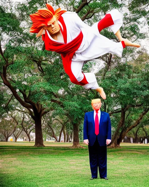 Image similar to award winning 5 5 mm portrait photo of trump as songoku, in a park. rule of thirds.