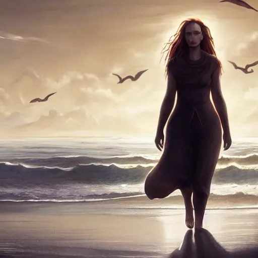 Prompt: A beautiful woman walking on the beach towards the viewer, high detail, 8K illustration, dynamic lighting, concept art, sunny, art by Leesha Hannigan and Greg Rutkowski,