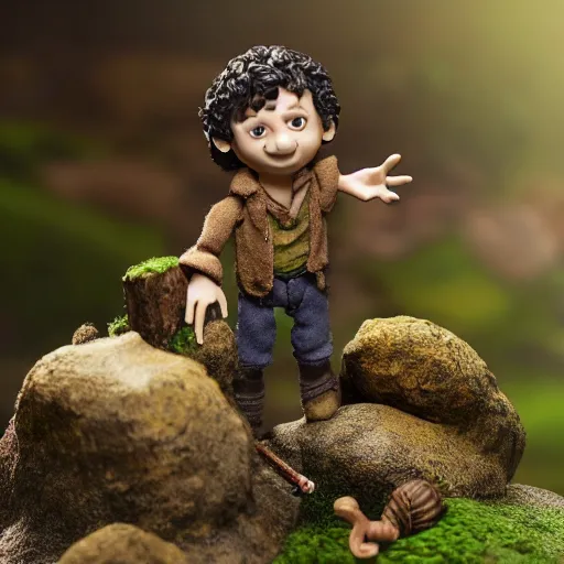 Image similar to high - res photograph of a claymation sculpture action figure cute frodo, highly detailed sculpey diorama, forest setting, waterfall backdrop, realistic materials, wood, felt, cloth, burlap, smooth, sharp foccus, commercial product photography,