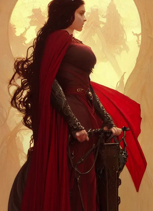 Image similar to person with no eyes wearing a dark red cape, fantasy, medieval wear, intricate, elegant, highly detailed, digital painting, artstation, concept art, smooth, sharp focus, illustration, art by artgerm and greg rutkowski, reimagined by alphonse mucha